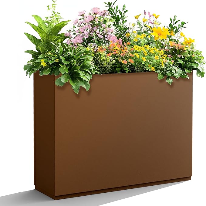 Metal Planter Boxes Outdoor Rectangular Planter 35" L x 9" W x 26" H, Large Planters for Plants with Drainage Holes, Brwon Rectangle Planters for All-Weather Use