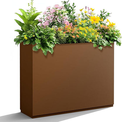 Metal Planter Boxes Outdoor Rectangular Planter 35" L x 9" W x 26" H, Large Planters for Plants with Drainage Holes, Brwon Rectangle Planters for All-Weather Use