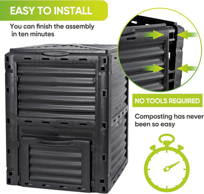 JupiterForce Garden Compost Bin 80 Gallon (300 L) from BPA Free Material, Large Composting Bin Outdoor Composter, Easy Assembling, Fast Creation of Fertile Soil, Lightweight, Black