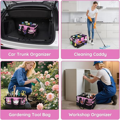 ZKOO Large Cleaning Caddy Bag with Handle, Built-in Sturdy Support Board, Adjustable Shoulder Strap, Multi-compartment Design Cleaning Supply Tote for Cleaners & Housekeepers (Pink)