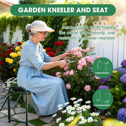 Heavy Duty Garden Kneeler and Seat for Elderly, 400lbs Capacity Foldable Gardening Stool with Support Legs & Thick Pad, Includes Large Tool Organizer Bag, Green