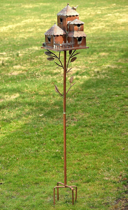Large Copper Colored Multi-Birdhouse Stakes, Room for 4 Bird Families in Each (Cube Homes with Pyramid Roofs)