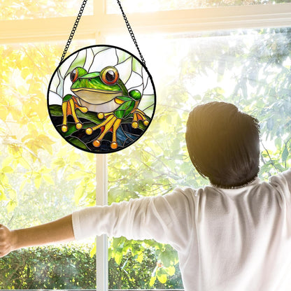 Stained Glass Window Hanging, Green Frog White Petals Sun Catchers Colorful Glass Panel Cute Suncatcher Decor for Birthday for Women, Men, Wife, Aunt, and Mom 7.8 in