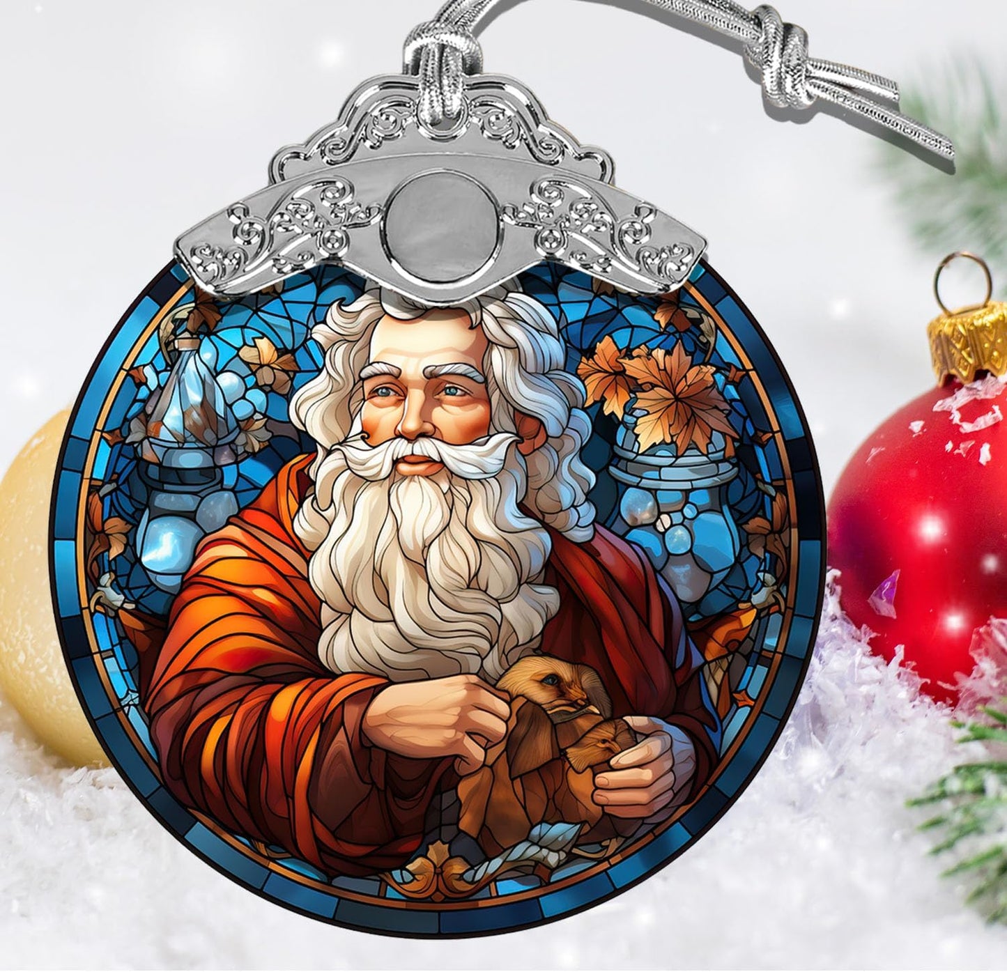 Santa Stained Glass Ornament for Xmas, Retro Style Funny Santa Claus Hanging Decor