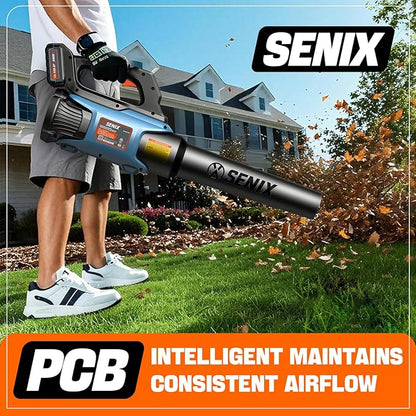 SENIX 20V Max Leaf Blower, Cordless, Brushless, Handheld, Up to 450 CFM and 100 MPH, 2 Speed Mode, Cruise Control, Lightweight, 5.0 Ah Battery and Charger Included (BLAX2-M3)