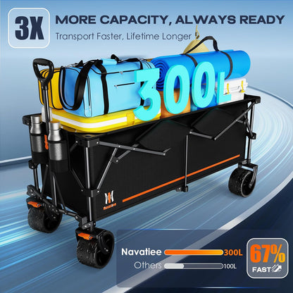 Navatiee 48'' Extra Long Collapsible Wagons Carts Foldable, 440Lbs Heavy Duty Folding Beach Wagon with All-Terrain Big Wheels, 300L Capacity Utility Garden Carts for Camping, Sports