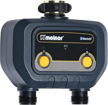 Melnor 65183AMZ Bluetooth Hose Timer, 2-Zone Programmable Watering Timer, Quick Connect Bundle, Black, Yellow