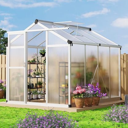 6x8 ft Greenhouse, Large Aluminum Greenhouses for Outdoors, Heavy Duty Polycarbonate Greenhouse with Roof Vent, Walk-in Green Houses for Winter Garden, Backyard, Patio, Lawn, Easy Assembly
