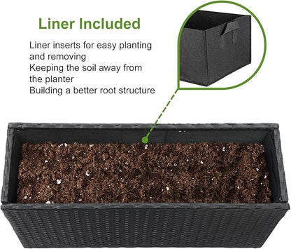 LEWIS&WAYNE Large Rectangular Block Planter Box Handmade Wicker Tall Planters for Outdoor Plants with Removable Liners Modern Planter for Indoor Outdoor Patio Deck - Black, 30''x12''x16''