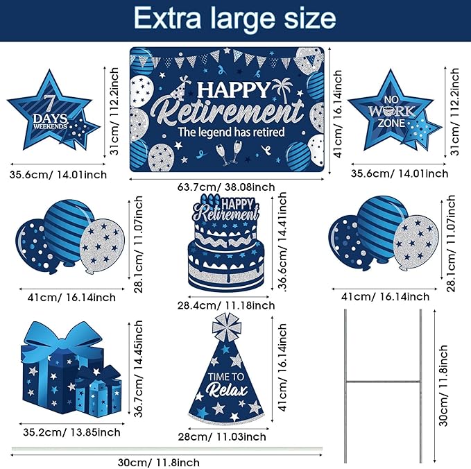 Yulejo 8 Pieces Retirement Yard Sign Decorations Happy Retirement Yard Signs Retirement lawn Sign with Stakes for Outdoor Retirement Party Supplies 16inch (Blue and Silver)