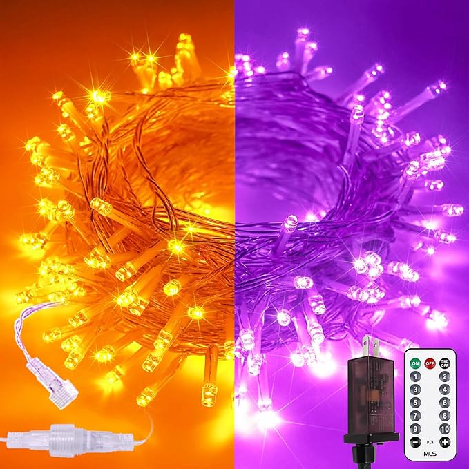 Upgraded Connectable 200 LED Halloween String Lights Outdoor Indoor, 11 Modes Orange to Purple Halloween Decorations Lights, Waterproof Twinkle Fairy Lights Plug in Clear Wire for Tree, Bedroom Decor