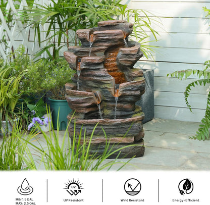 24.2" H 6-Tier Outdoor Water Fountain, Features Rock Garden Waterfall Fountains with Warm Lights, Floor-Standing for Patio, Backyard, Deck, Porch, Home Décor, Brown
