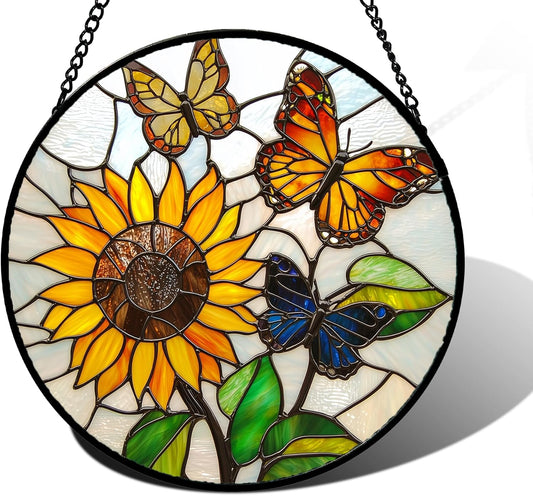 Stained Glass Window Hanging, Butterfly and Sunflowers Sun Catchers Glass Panel Plant Insects Suncatcher Decor for Birthday for Women, Men, Wife, Aunt, and Mom 7.8 in