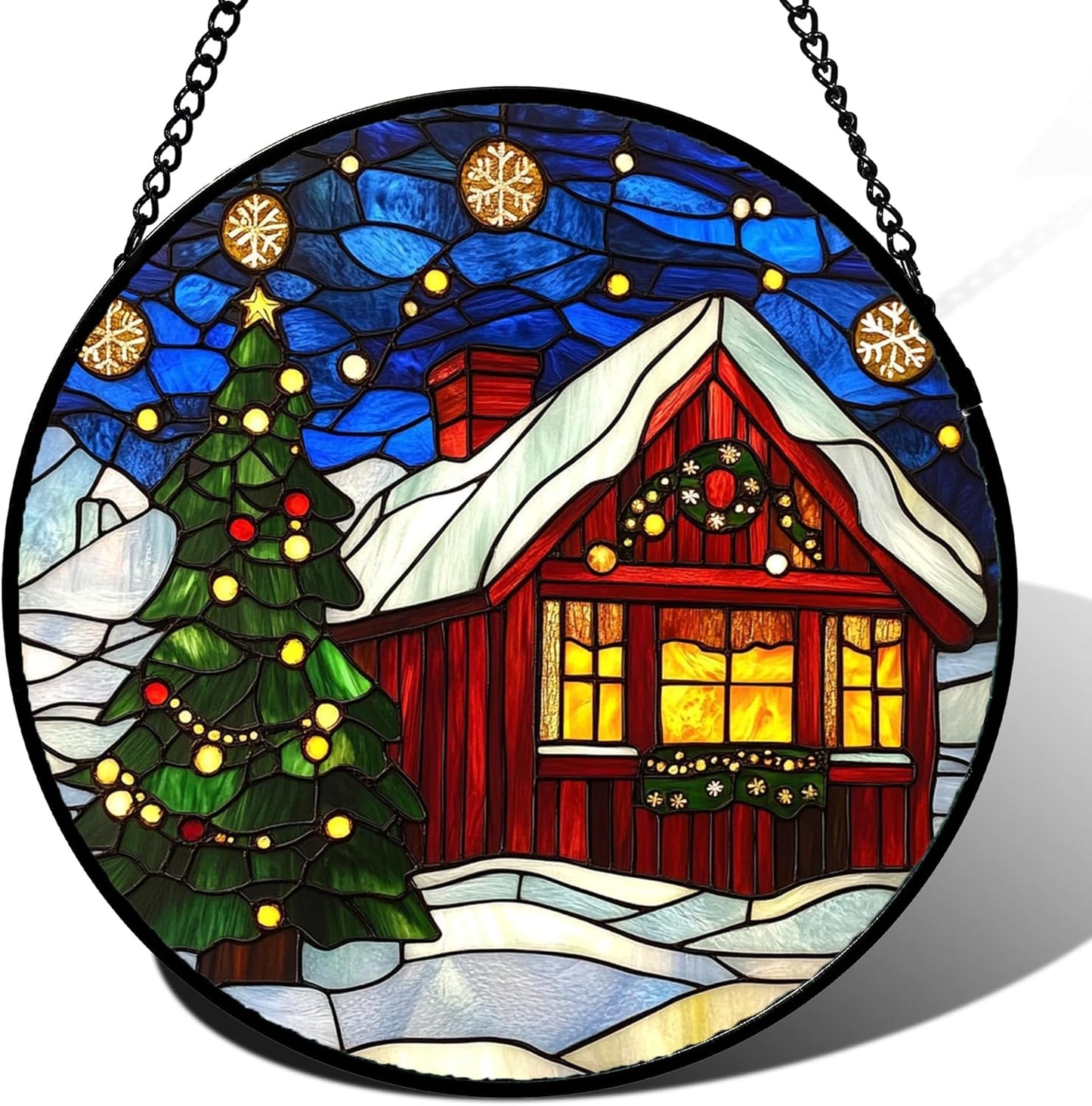 Stained Glass Window Hanging Blue Night Sky Snowflakes Christmas Tree 9.8" - Suncatcher Door Garden Sun Catcher Xmas Holiday Decor Birthday for Mom Men Woman Nana