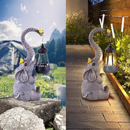 ILLUMINEW Solar Outdoor Garden Decor Elephant Statues Lights, Lucky Elephant Unique Mom Birthday Gifts for Mom, Housewarming Gifts and Yard Decoration, Cute Birds Garden Sculpture Decor