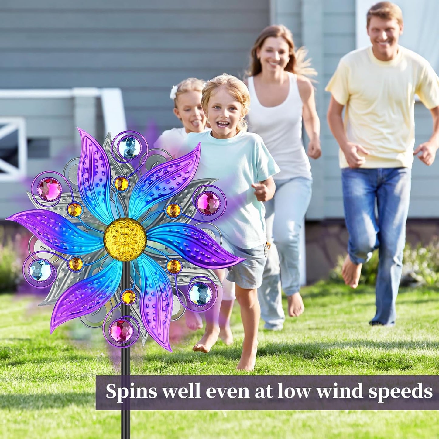 Metal Wind Spinner Outdoor, Purple Flowers Wind Sculpture Spinners with Metal Stake, Yard Art Decor for Patio, Lawn & Garden, Creative Gifts 57.5 * 13.3 Inch
