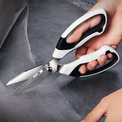 8-Inch Heavy Duty Utility Scissors All Purpose, Serrated Blade, White Comfort Grip for Cutting Carpet, Cardboard, Leather, Fabric, Multipurpose Sharp Shears for Kitchen, Garden, Office, Carft