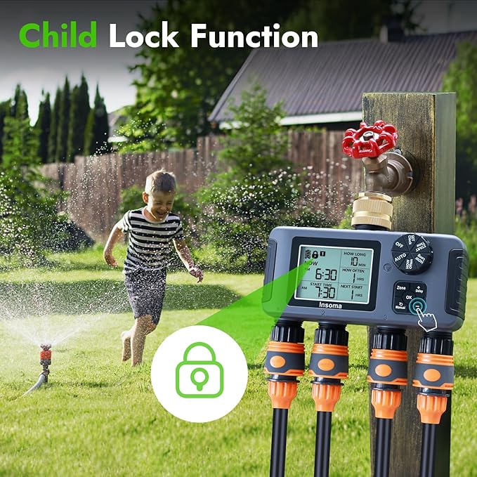 Insoma Water Timer with Brass Inlet, 4 Independent Zones Outdoor Hose Timer for Garden Faucet with Auto/Manual/Rain Delay Mode, IPX5 Waterproof, Sprinkler Irrigation Controller for Yard Lawn