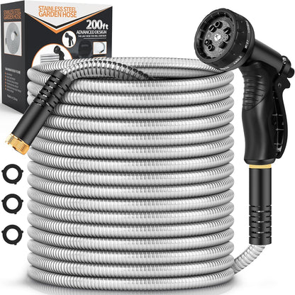 Garden Hose Metal 200FT, Stainless Steel Heavy Duty Water Hose With 10 Function Nozzle, No-Kink, Tough & Flexible, Sturdy and Lightweight, Rust Proof for Yard, Outdoor, RV