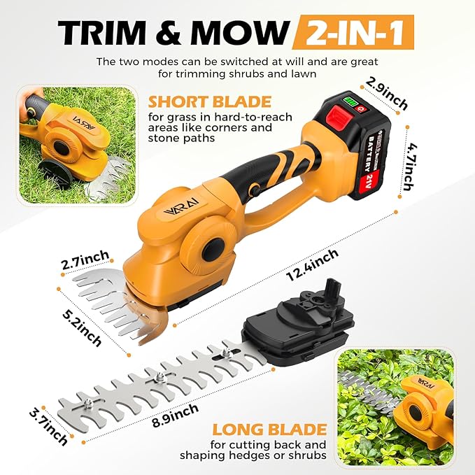 Cordless Hedge Trimmer, 2-in-1 Hedge Trimmer, Ultra Long Battery Life with Battery*2, high-Power and high-Capacity Grass Trimmer for Gardens, Yards and lawns, Including Charger