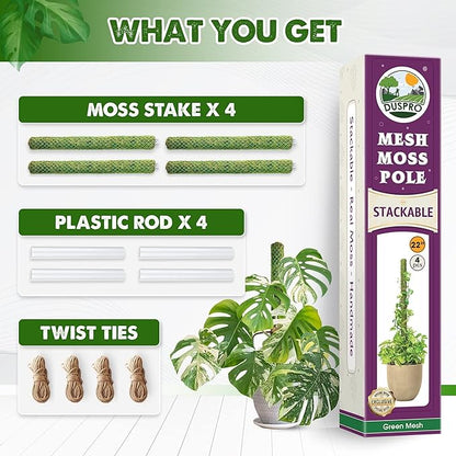Duspro Green Stackable Mesh Moss Pole for Climbing Vines, Supporting Monstera Trellis, Extendable Plant Pole Moss Sticks, Potted Plant Stakes (4 Pack, 71'')