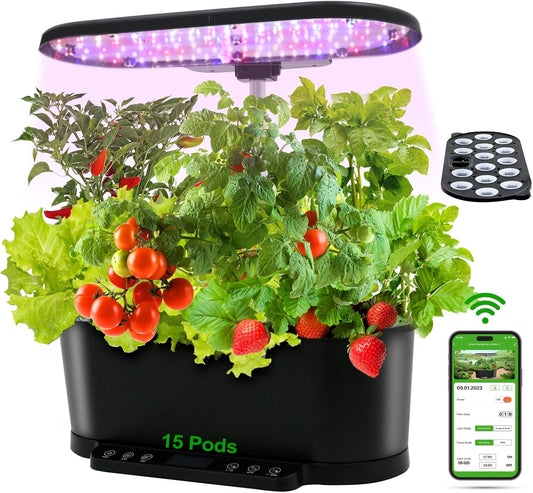 EAGLE PEAK 15 Pods Hydroponics Growing System with WiFi, 5.5 L Water Tank, Smart Indoor Plants Germination Kit with LED Grow Light, Pump System, Adjustable Height for Home Kitchen Gardening, Black