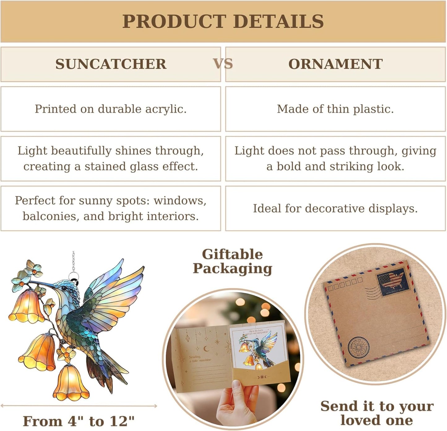 Hummingbird Flower Acrylic Suncatcher Stained Glass Effect Window Car Hanging Christmas Ornament Indoor Outdoor Decor Garden Sun Catcher Panel for Bird Lover for Women Mom Grandma