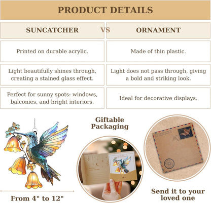 Hummingbird Flower Acrylic Suncatcher Stained Glass Effect Window Car Hanging Christmas Ornament Indoor Outdoor Decor Garden Sun Catcher Panel for Bird Lover for Women Mom Grandma