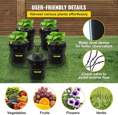 VEVOR DWC Hydroponic System, 5 Gallon 5 Buckets, Deep Water Culture Growing Bucket, Hydroponics Grow Kit with Pump, Air Stone and Connected Reservoir, for Indoor/Outdoor Leafy Vegetables