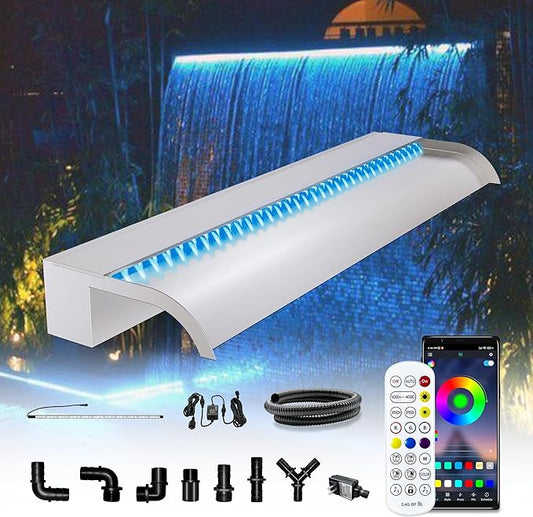 Waterfall Pool Fountain, LONGRUN Stainless Steel Waterfall Spillway for Pools and Ponds - 35.4" Wide Decorative Water Feature for Swimming Pools, Koi Ponds, and Garden