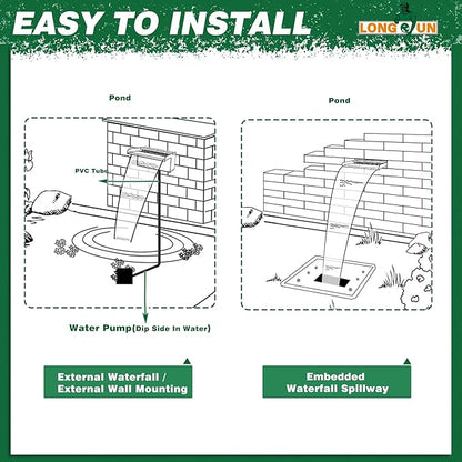 LONGRUN Waterfall Pool Fountain, Updated 5.9'' Wider Open Lip Stainless Steel Waterfall Spillway, Decorative Water Feature for Swimming Pools, Koi Ponds, Spa & Garden - 11.8''