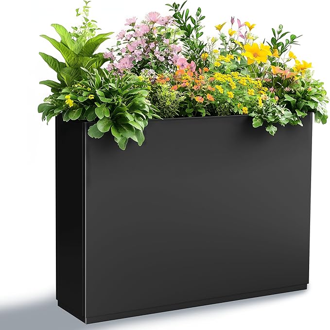 Tall Metal Planter, 9" W x 26" H Large Rectangular Planter Box for Outdoor or Indoor, All-Weather Durable Plant Box with Drainage Holes & Removable Shelf for Patio, Porch, Garden, Trees, Flowers