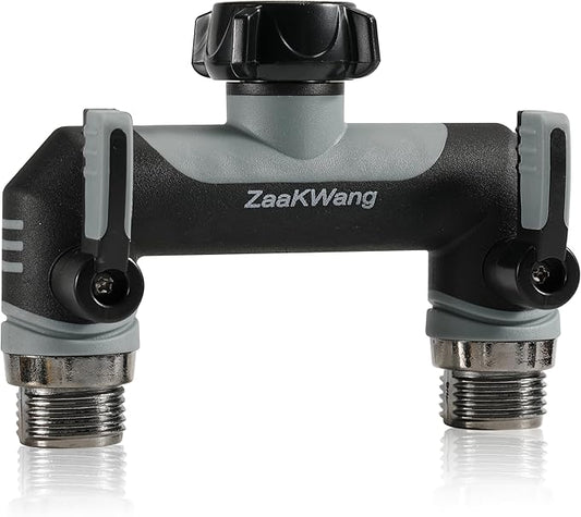 Full Flow Heavy Duty Two - Way Hose Splitter, Rugged Garden Faucet Adapter, Spout Diverter T - Way Adapter with Extended Handle, 3/4” GHT Thread, Grey