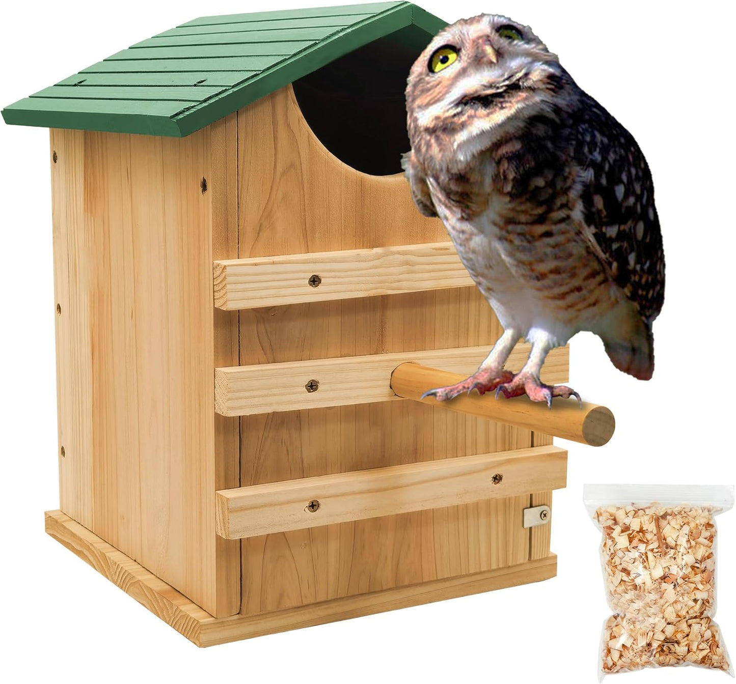 Prolee Owl House 14 x 10 Inch with Bird Stand Design, Owl Box 100% Cedar Wood with Mounting Screws and A Bag of Wood Shavings, Owl Houses for Outdoors Easy Assembly Required