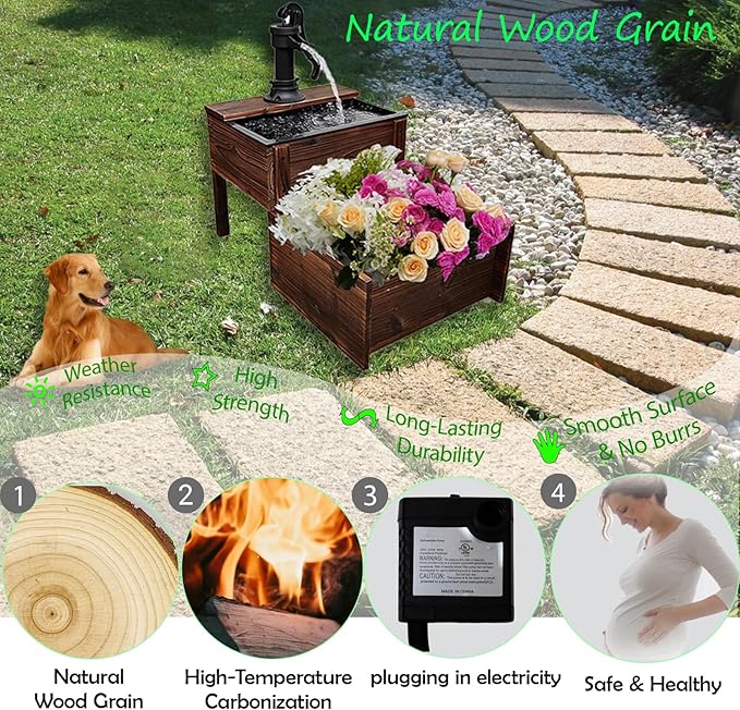 Outdoor Water Fountain，Floor Wooden Rectangular Double-Layer Old-Fashioned Pump Fountain with Flower Box，Plug-in Electric Decorative Hand Pump,Outdoor Water Feature for Garden Patio Backyard
