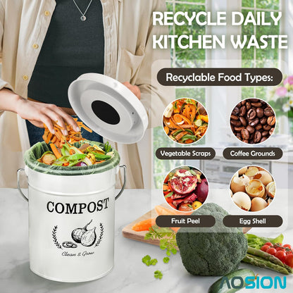 AOSION Countertop Compost Bin Kitchen,Odor Resistant Indoor Compost Bin with Lid and Compost Bags,Compost Bucket Composter Container for Food Waste,White