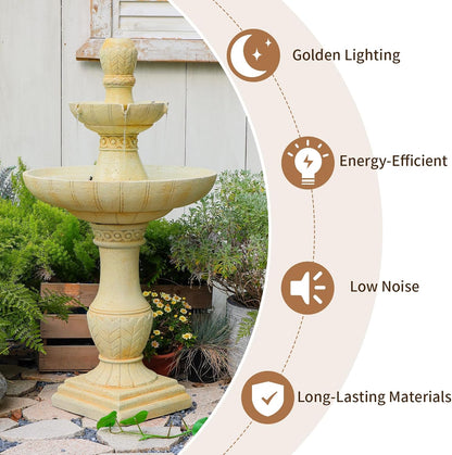 3-Tier Outdoor Water Fountain with LED Lights, 45.5" Italian Resin Garden Fountain for Patio, Yard, and Porch – Weather-Resistant Cascading Waterfall Feature with Quiet Pump, Elegant Backyard Décor