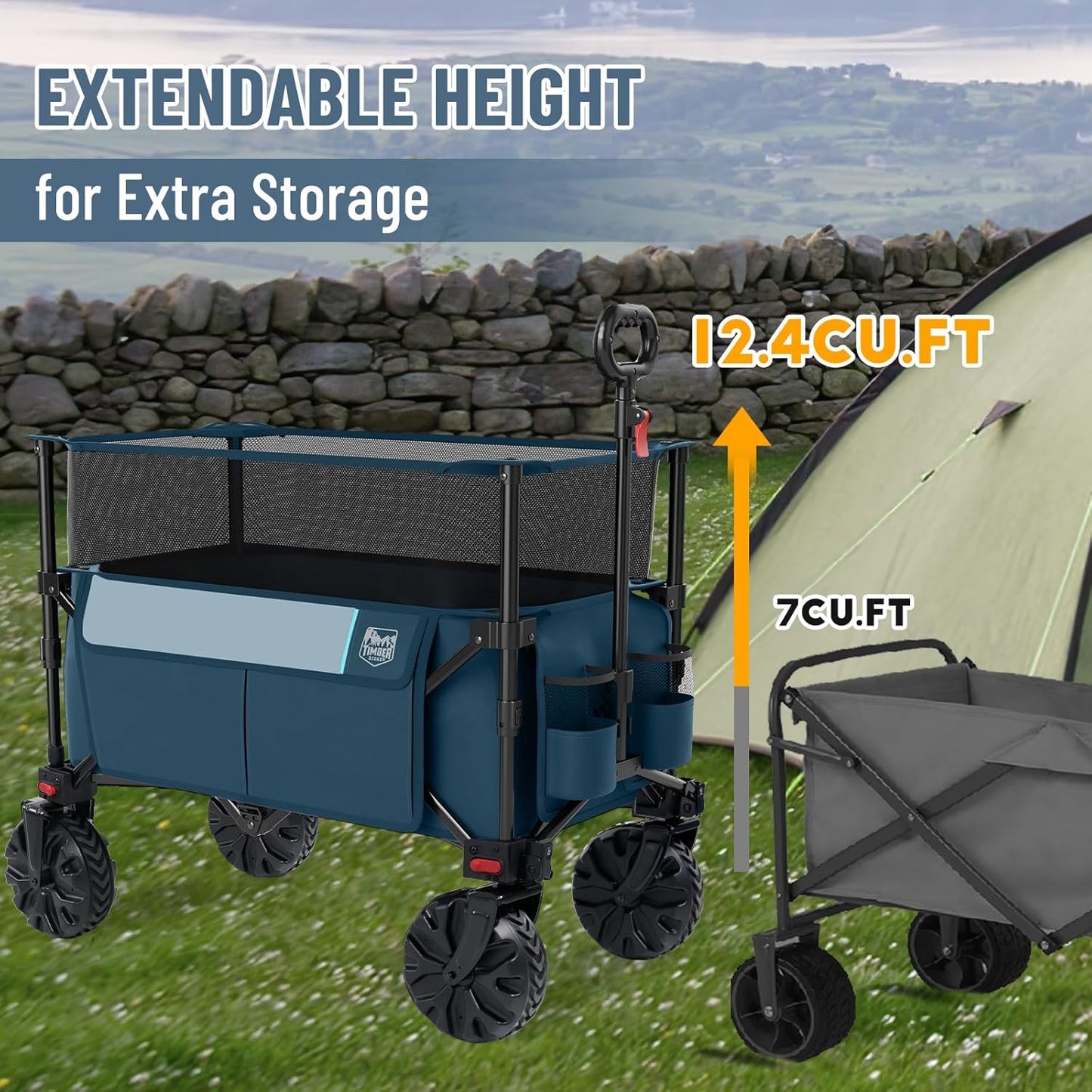 TIMBER RIDGE Foldable Wagon 350L Extendable Height, Large Capasity Collapsible Wagon Cart with All Terrians Detachable Wheels, Compact Folding Utility Wagon for Camping, Fishing, Shopping Navy