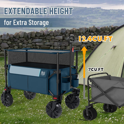 TIMBER RIDGE Foldable Wagon 350L Extendable Height, Large Capasity Collapsible Wagon Cart with All Terrians Detachable Wheels, Compact Folding Utility Wagon for Camping, Fishing, Shopping Navy