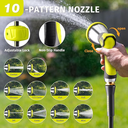 Garden Hose Set 200FT - PHLEX PRO Heavy-Duty Premium 5/8'' Rubber 3-Layer Water Hose - Innovation Flexible Hybrid Lightweight Water Hose with 10 Pattern Spray Nozzle, Full Brass Male to Female Fitting