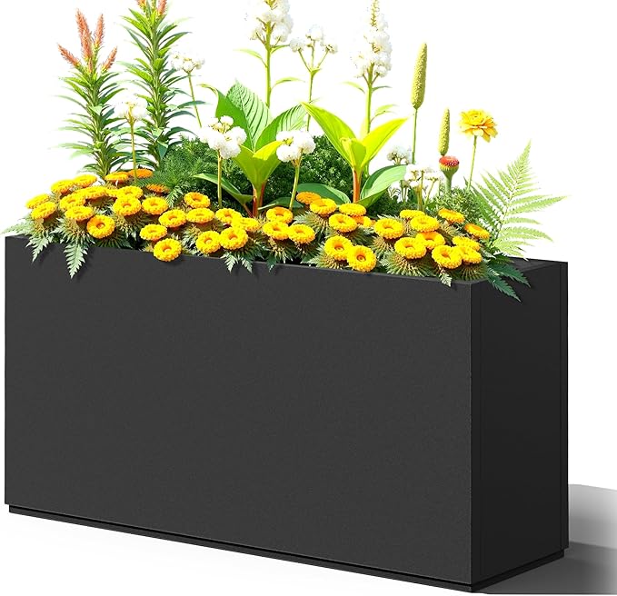 Large Rectangle Planter Metal Black Planter Box with a Drainage Hole and a Removable Divider Indoor Outdoor Porch Pots for Tall Plants, Trees, Flowers 32.01" x 10"x 16.26" Black