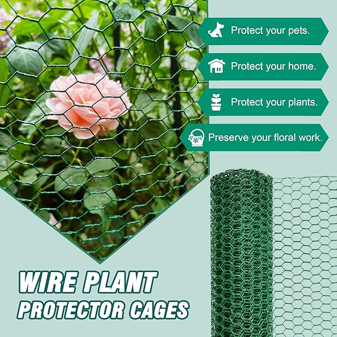 49.2Ft x16In Plant Protectors from Animals - Wire Plant Protector Cages for Outdoor Plants, Free-Cut Metal Mesh Plant Covers Guards Fence, Chicken Wire Cloche with Ground Stakes,Zip Ties
