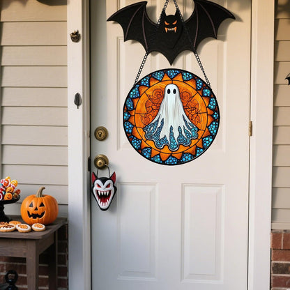 Stained Glass Window Hanging - Halloween Decorations White Ghost Suncatcher for Doors Garden Indoor Spooky Funny Blue Sun Catchers Gothic Decor Horror Gifts for Women Men Friend 15 in