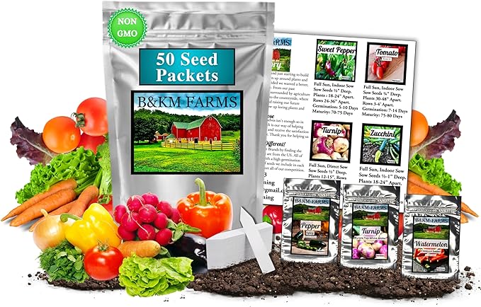 B&KM Farms 30,000+ Survival Seed Kit 5+ Year Supply. 50 Fruit & Vegetable Non-GMO Heirloom Seeds for Planting a Home Garden. Secure Emergency Weather-Proof Package(1, Large)
