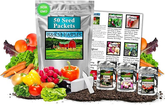 B&KM Farms 30,000+ Survival Seed Kit 5+ Year Supply. 50 Fruit & Vegetable Non-GMO Heirloom Seeds for Planting a Home Garden. Secure Emergency Weather-Proof Package(1, Large)