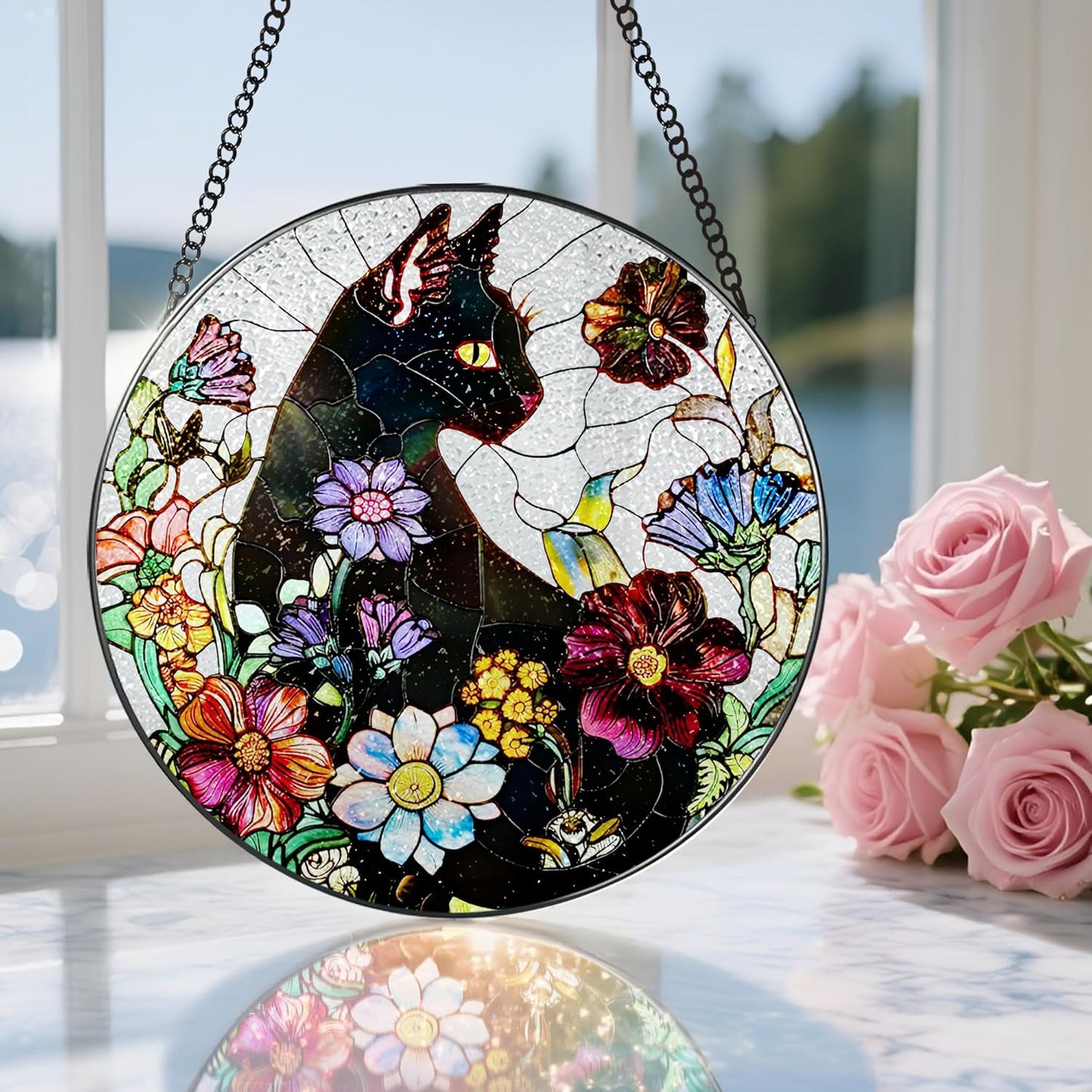 Stained Glass Window Hanging, 8 Inch Black Cat Sun Catcher, Stained Glass Suncatcher, Suncatchers for Windows, Window Decor Hanging, Cats Lover Gifts, Cat Lover Decor, Gifts for Cats Lovers