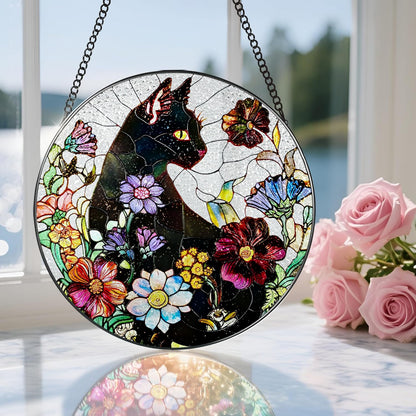 Stained Glass Window Hanging, 8 Inch Black Cat Sun Catcher, Stained Glass Suncatcher, Suncatchers for Windows, Window Decor Hanging, Cats Lover Gifts, Cat Lover Decor, Gifts for Cats Lovers