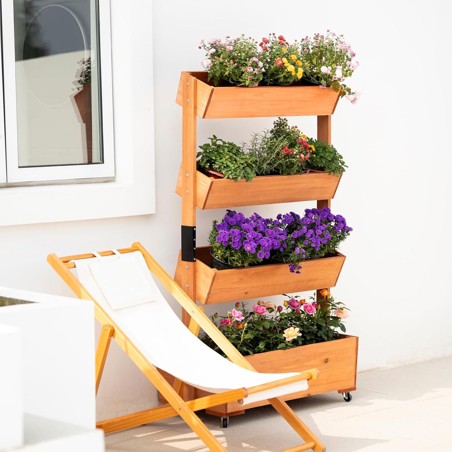 Wooden Elevated Garden Bed, Vertical 4-Storey Wooden Flowerpot Box with Wheels, Adjustable Flowerpot Box, Suitable for Outdoor and Indoor Balconies, Vanilla Garden Gardening Vegetables