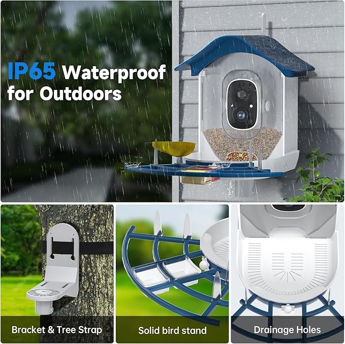 Smart Bird Feeder with Camera, 2K HD AI Identify Birds Species, Bir d Watching Camera with Solar Panel, Auto Capture Bird Videos & Instant Notifications, Ideal Present for Bir d Lover,Dark Blue
