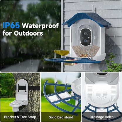 Smart Bird Feeder with Camera, 2K HD AI Identify Birds Species, Bir d Watching Camera with Solar Panel, Auto Capture Bird Videos & Instant Notifications, Ideal Present for Bir d Lover,Dark Blue